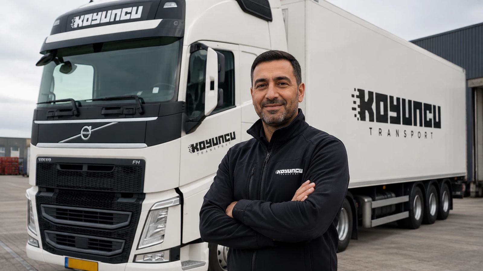 Chauffeur van Koyuncu Transport bij zijn witte Volvo FH