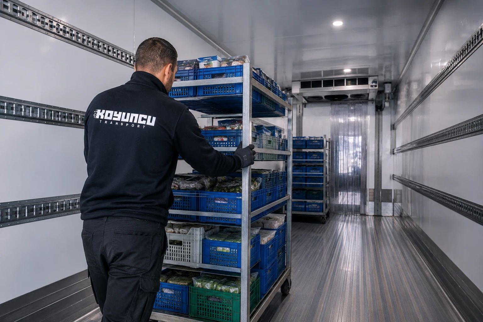 Medewerker van Koyuncu Transport laadt verse producten in de koeltrailer