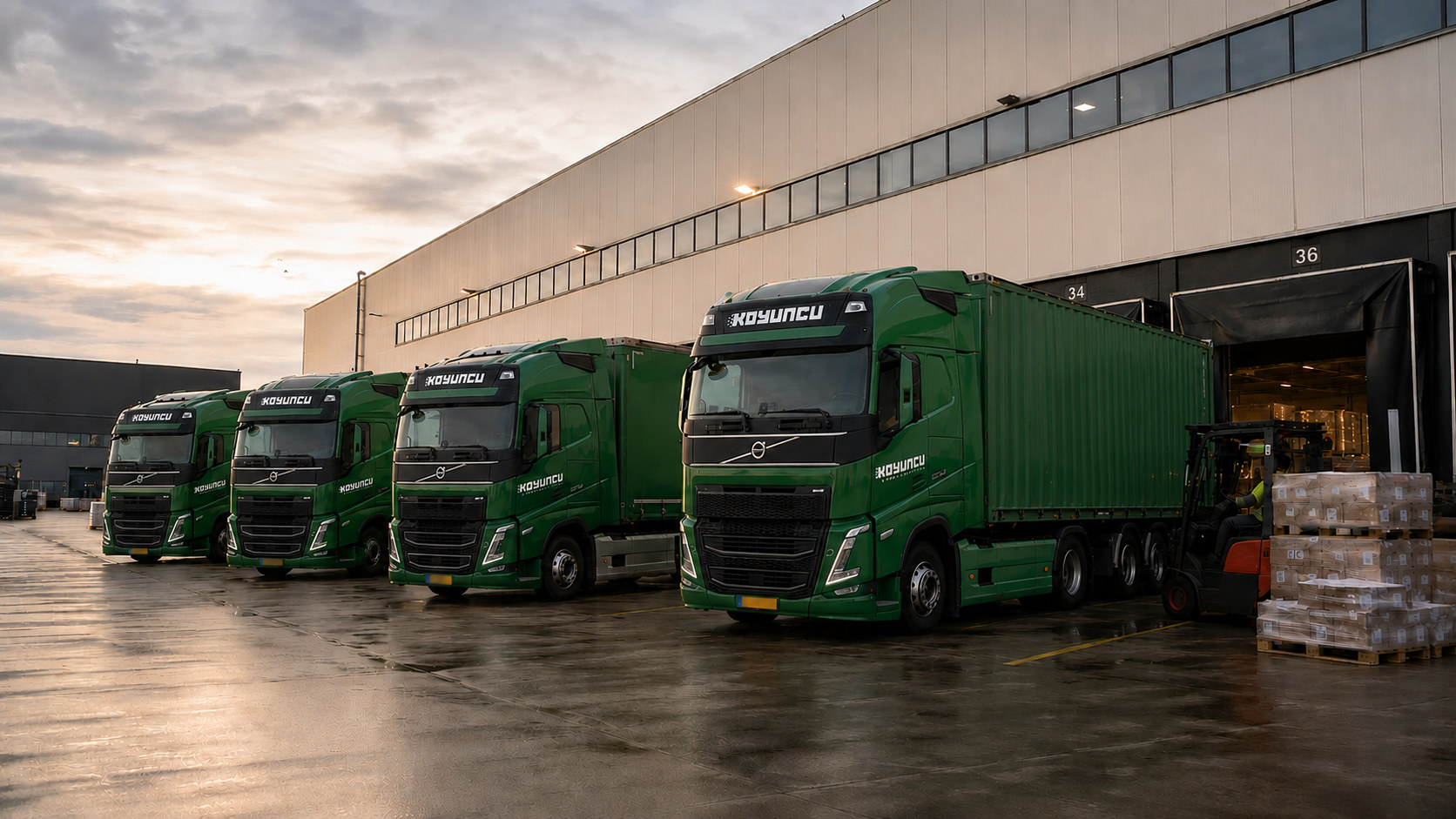 Vrachtwagens van Koyuncu Transport bij het distributiecentrum